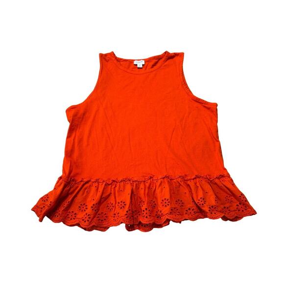 J. CREW sleeveless shirt/blouse,   size medium, Coral/Red with Islet lace ruffle - Picture 1 of 8